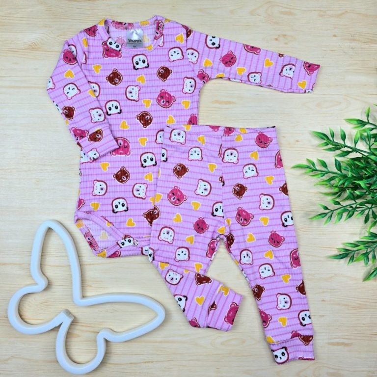 Conjunto Bebê Pagão Suede Canelado-Rosa Ursinha