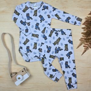 Conjunto Bebê Pagão Algodão Premium-Branco Urso Soneca